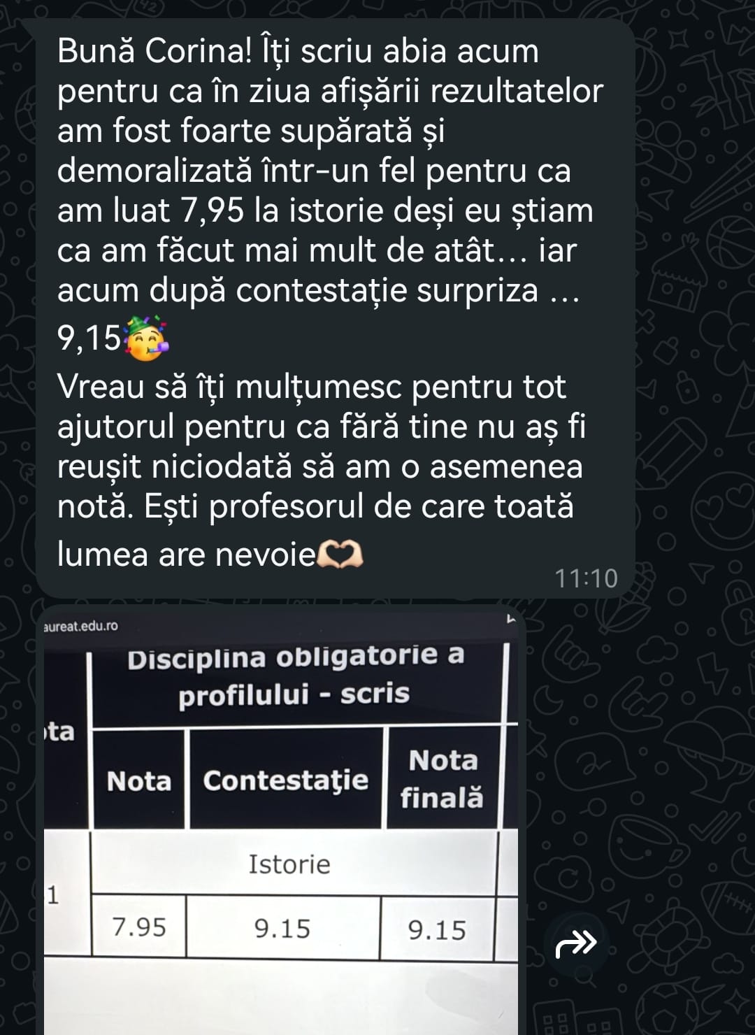 Mesaj de la un elev al Corina — rezultat la BAC (1)