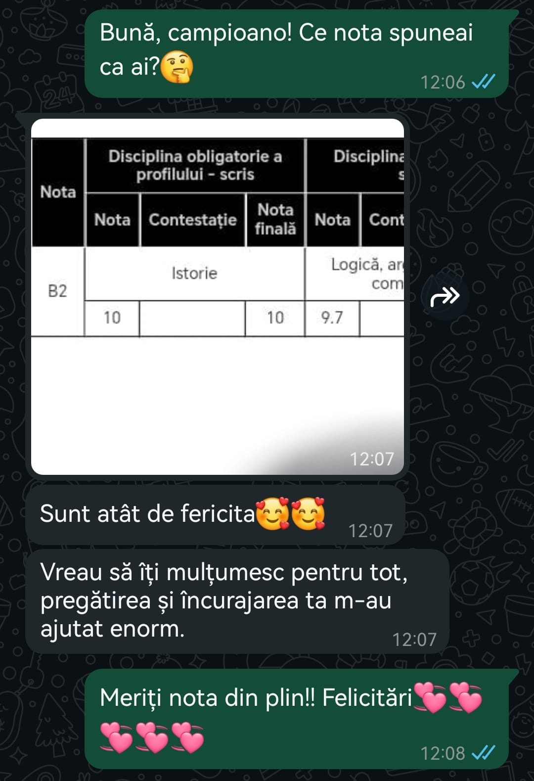 Mesaj de la un elev al Corina — rezultat la BAC (5)