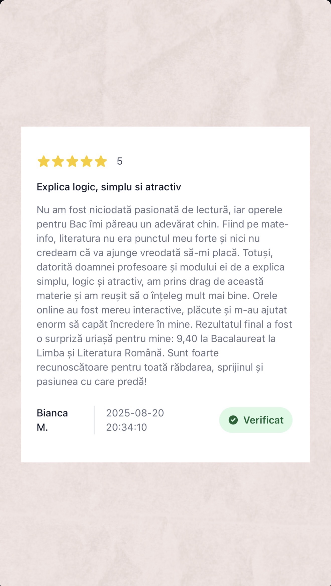 Mesaj de la un elev al Diana — rezultat la BAC (1)