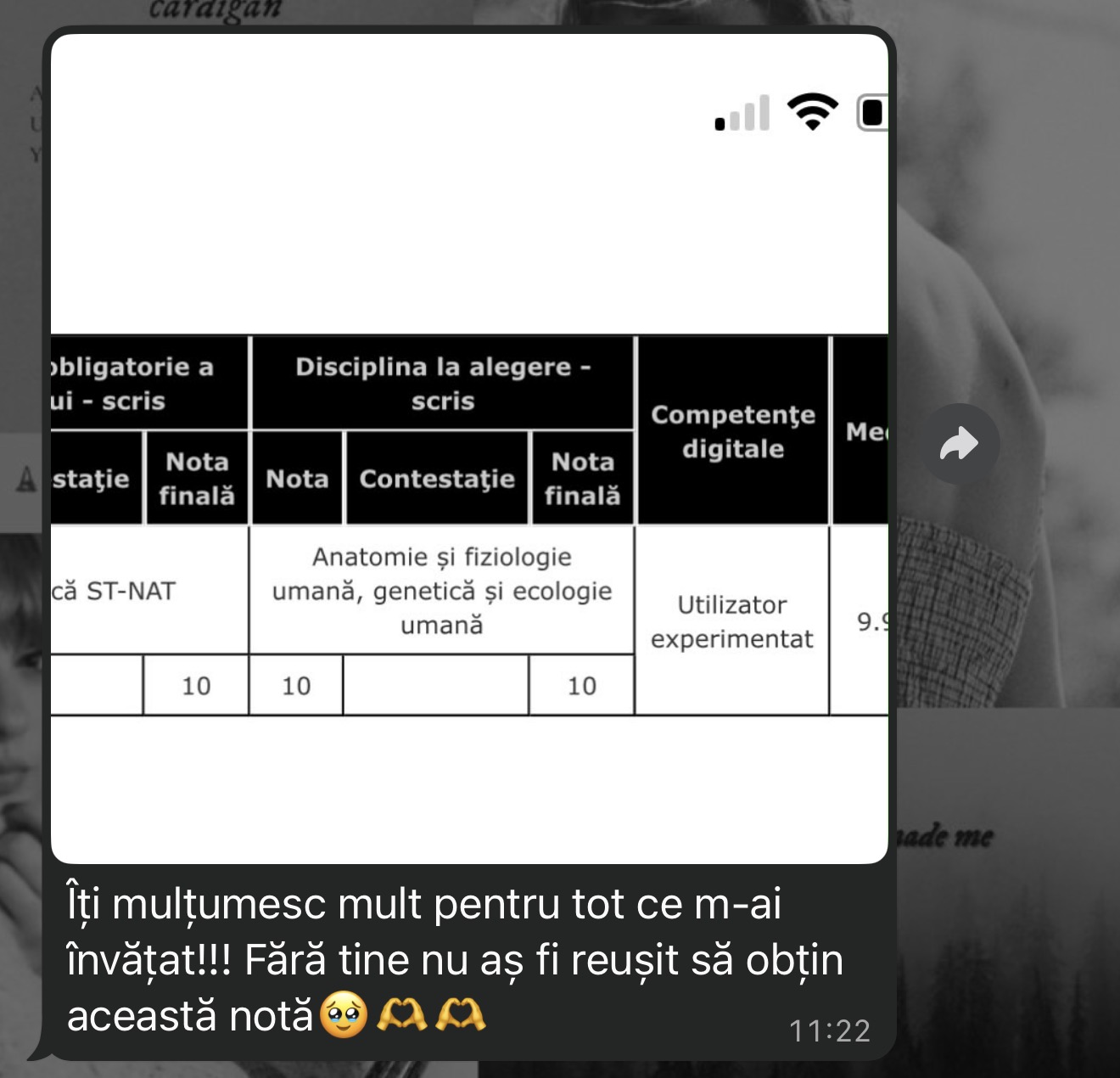 Mesaj de la un elev al Romina — rezultat la BAC (12)