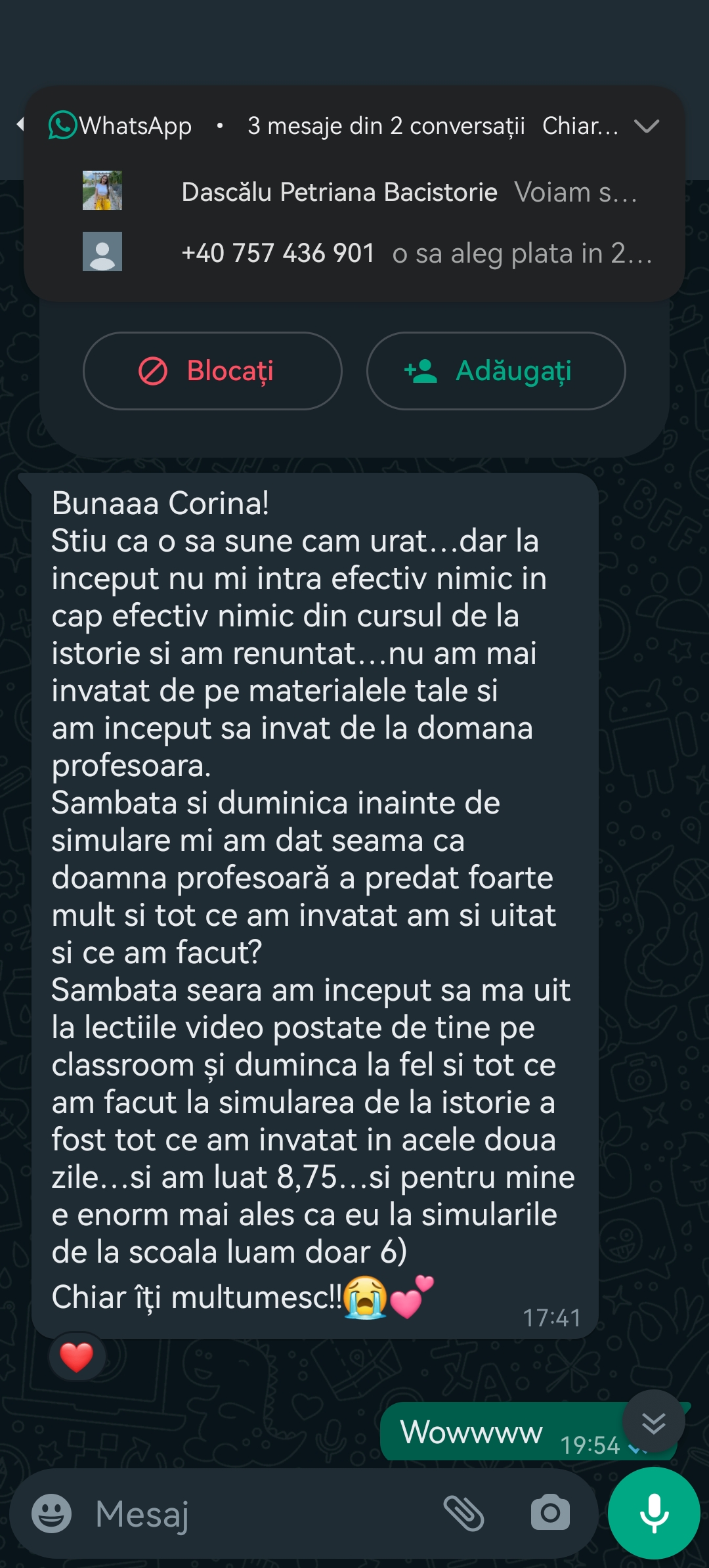 Mesaj de la un elev Edvanti — rezultat la BAC (69)