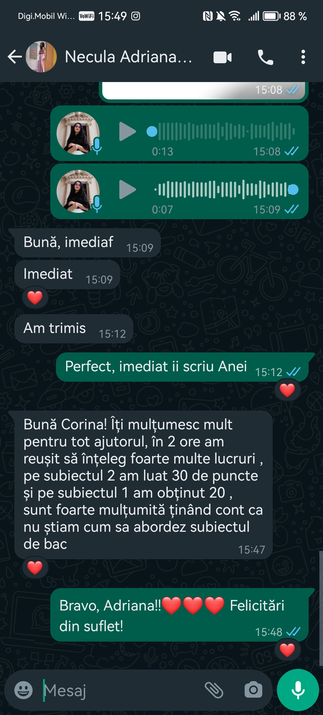 Mesaj de la un elev Edvanti — rezultat la BAC (83)